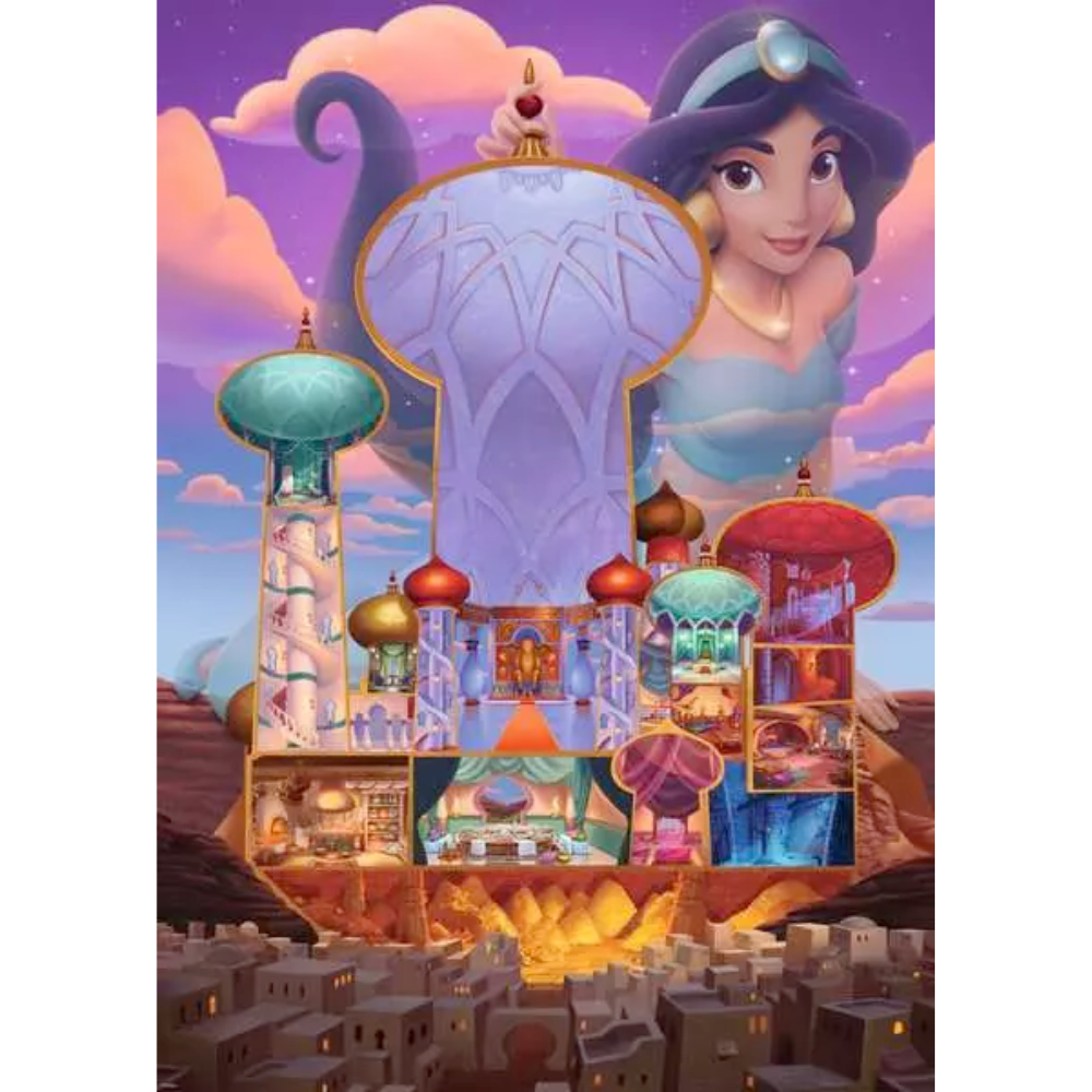Ravensburger Disney Castle Collection Jasmine adult puzzle with 1000 pieces featuring Disney Jasmine and castle scene.