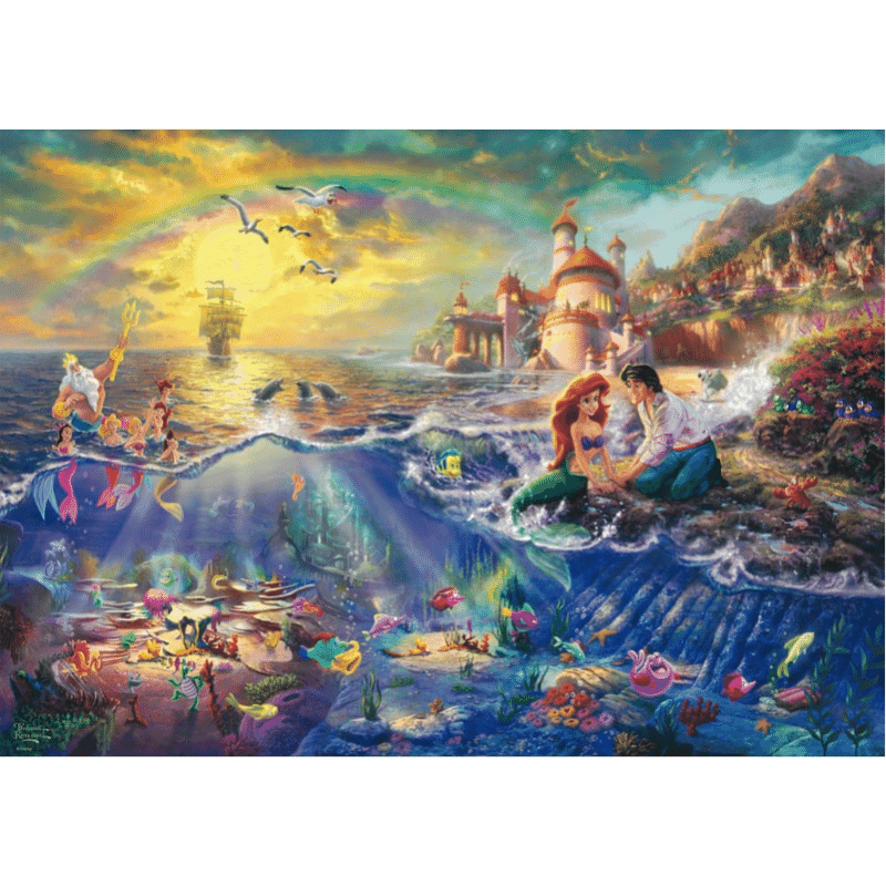 Adult puzzle featuring Thomas Kinkade's Disney The Little Mermaid artwork, with colorful ocean scene and character details.