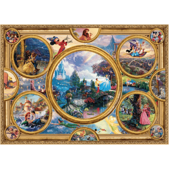 Thomas Kinkade Disney Dreams Collection adult puzzle by Schmidt featuring a colorful, detailed Disney-themed puzzle artwork.