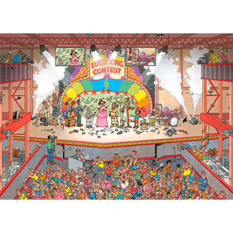 Jan van Haasteren adult puzzle titled Eurosong Contest featuring colorful, intricate artwork of a lively European singing competition scene.