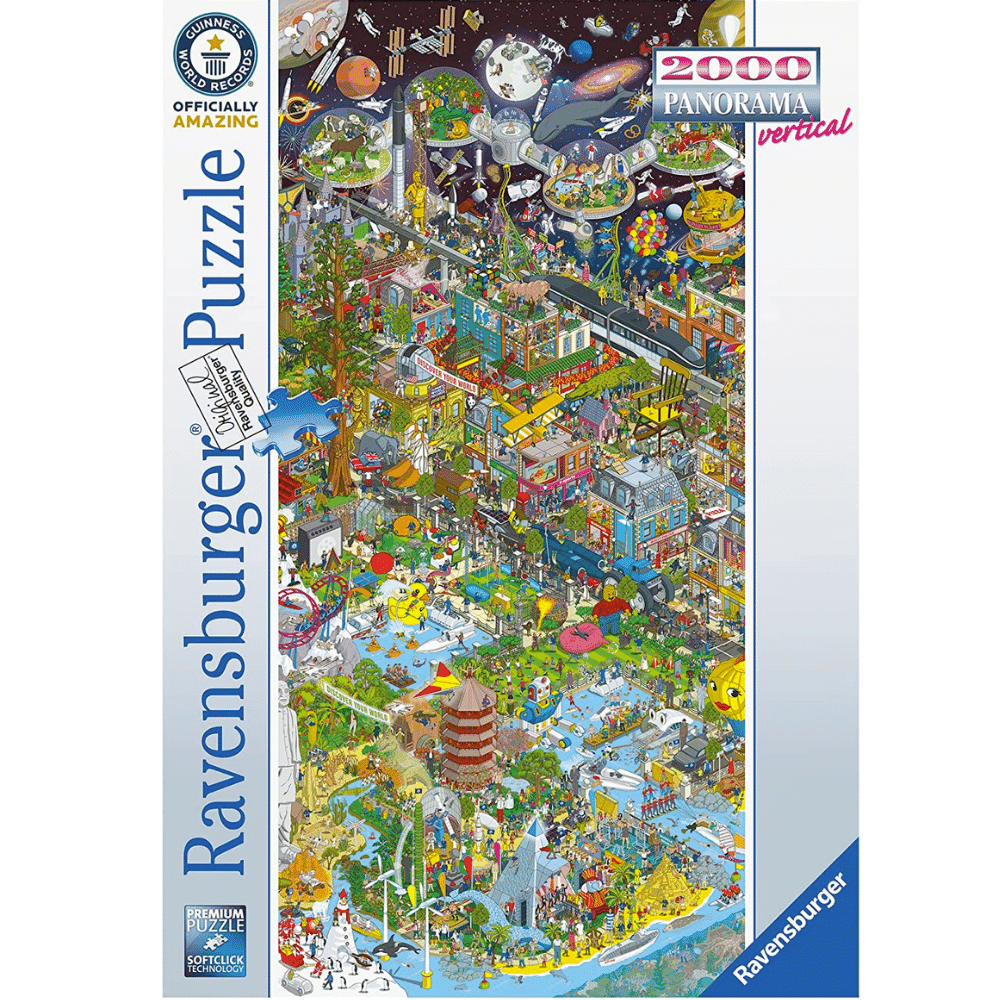 Ravensburger Guinness World Records adult puzzle featuring colorful images and record-breaking achievements on a detailed puzzle piece.
