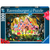 Ravensburger adult puzzle featuring the Hansel & Gretal story with colorful, detailed artwork on a completed jigsaw puzzle.