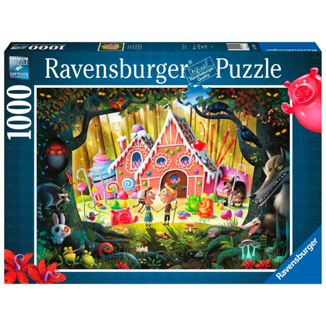 Ravensburger adult puzzle featuring the Hansel & Gretal story with colorful, detailed artwork on a completed jigsaw puzzle.