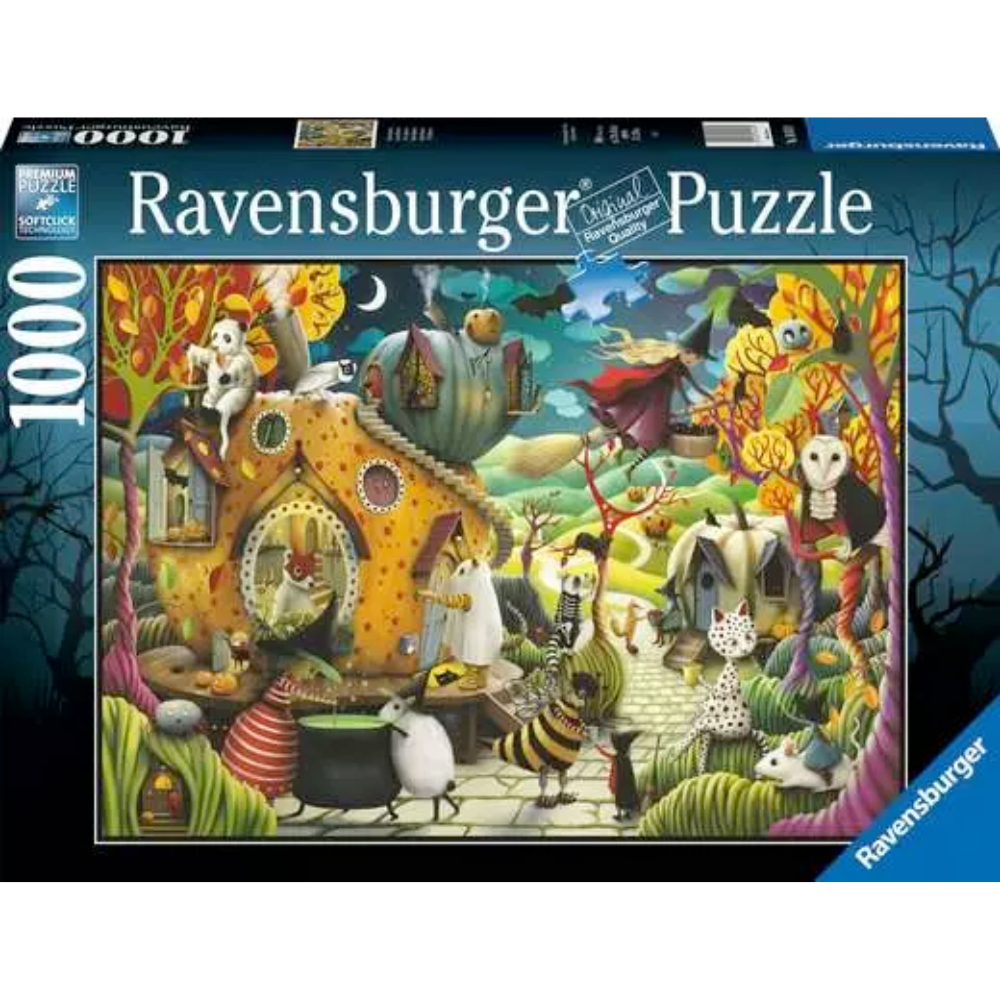 Ravensburger adult Halloween puzzle with colorful spooky themed illustrations, 1000-piece jigsaw for Halloween enthusiasts.
