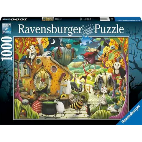 Ravensburger adult Halloween puzzle with colorful spooky themed illustrations, 1000-piece jigsaw for Halloween enthusiasts.