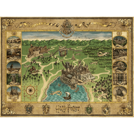Ravensburger Harry Potter Hogwarts Map adult puzzle showing detailed illustrations of the wizarding school and surrounding areas.