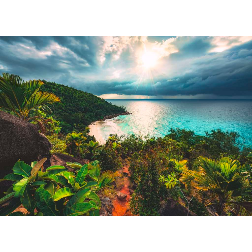 Ravensburger Hawaiian Heaven adult puzzle featuring a colorful tropical beach scene with palm trees and vibrant island scenery.
