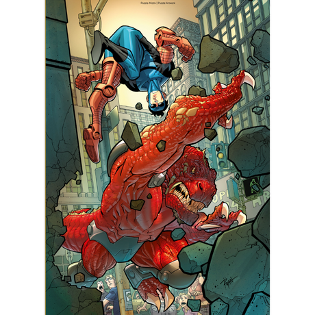 Adult puzzle featuring Invincible battling Dinosaurus, colorful illustration by Pegasus with detailed comic-style artwork.