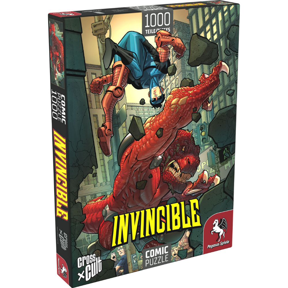 Adult puzzle featuring Invincible vs. Dinosaurus from Pegasus, with colorful comic-style artwork and detailed dinosaur and superhero imagery.