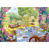 Adult puzzle titled June's Journey: Tea in the Garden by Schmidt, featuring a detailed garden scene with tea and floral elements.