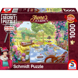 Adult puzzle by Schmidt titled June's Journey: Tea in the Garden, featuring a colorful garden scene with teacups and blooming flowers.