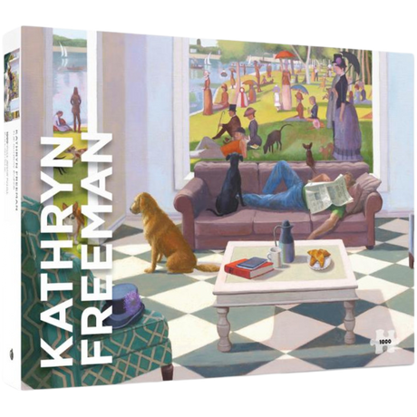 Adult puzzle titled "The Sunday Paper" by Pomegranate featuring artwork by Kathryn Freeman, shown in a colorful box.