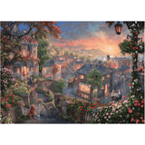 Adult puzzle featuring Thomas Kinkade's Lady and the Tramp artwork by Schmidt, showcasing a detailed image of the beloved Disney scene.