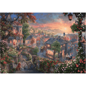 Adult puzzle featuring Thomas Kinkade's Lady and the Tramp artwork by Schmidt, showcasing a detailed image of the beloved Disney scene.