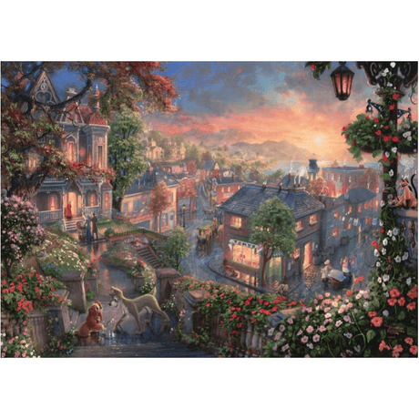 Adult puzzle featuring Thomas Kinkade's Lady and the Tramp artwork by Schmidt, showcasing a detailed image of the beloved Disney scene.