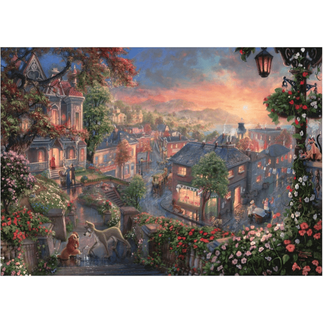 Adult puzzle featuring Thomas Kinkade's Lady and the Tramp artwork by Schmidt, showcasing a detailed image of the beloved Disney scene.