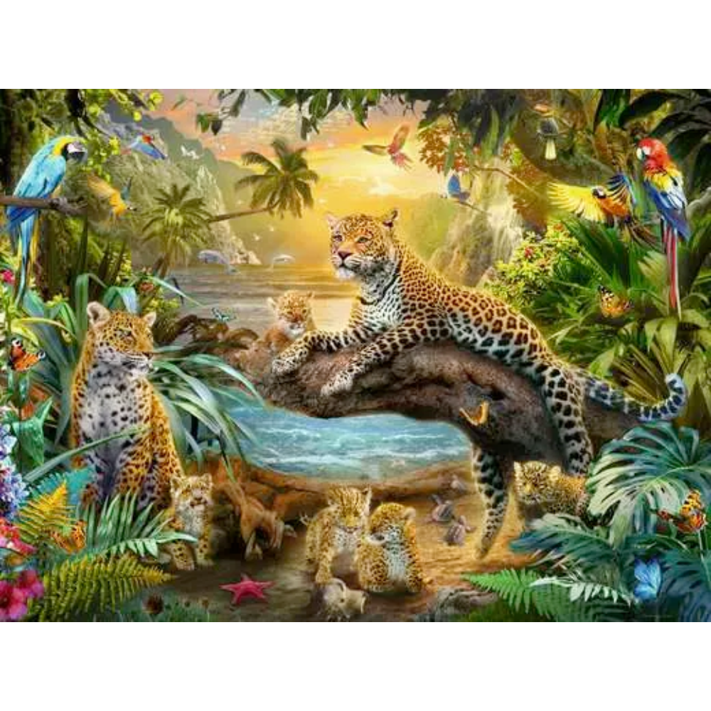 Ravensburger adult puzzle featuring leopards in the jungle scene with lush greenery and wild animals.