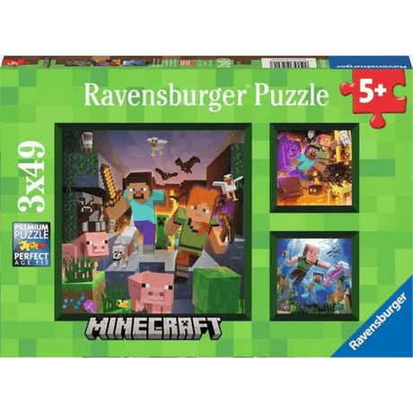 Ravensburger Minecraft Biomes children's puzzle with 49 colorful pieces depicting various Minecraft environments.