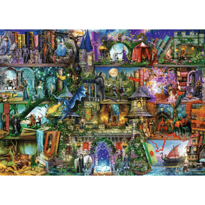 Ravensburger adult puzzle featuring Aimee Stewart's Myths & Legends artwork with mythical creatures and fantasy scenes.