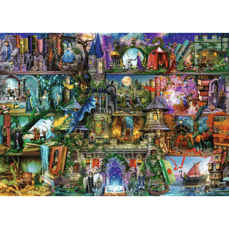 Ravensburger adult puzzle featuring Aimee Stewart's Myths & Legends artwork with mythical creatures and fantasy scenes.