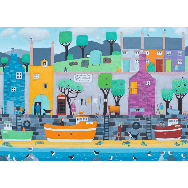 Ravensburger adult puzzle titled No Ball Games, featuring a detailed illustration of a playful scene with children and sports equipment.