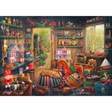 Ravensburger adult nostalgic toy puzzle featuring vintage toy illustrations on a colorful jigsaw puzzle image.