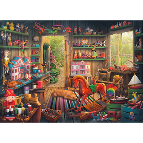Ravensburger adult nostalgic toy puzzle featuring vintage toy illustrations on a colorful jigsaw puzzle image.