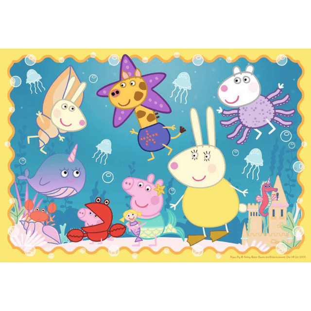 Children's puzzle featuring Peppa Pig Underwater Adventure by Ravensburger, colorful underwater scene with Peppa and friends.