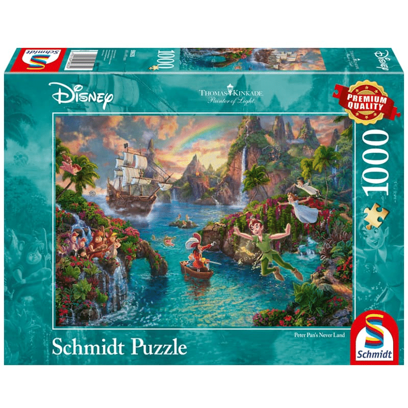 Adult puzzle featuring Thomas Kinkade's Peter Pan artwork by Schmidt, showing colorful characters and whimsical scene from the classic story.
