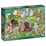 Falcon de luxe adult puzzle featuring puppies in a garden scene with playful and adorable puppies amidst lush greenery.