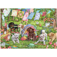 Adult Falcon de luxe puzzle featuring puppies in a lush garden scene with playful puppies and vibrant greenery.
