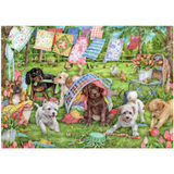 Adult Falcon de luxe puzzle featuring puppies in a lush garden scene with playful puppies and vibrant greenery.