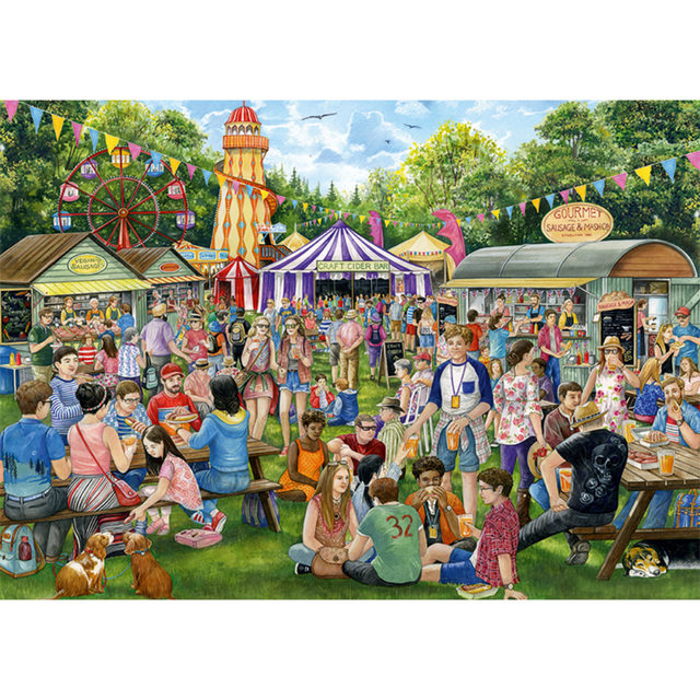 Falcon de luxe adult puzzle featuring a lively sausage and cider festival scene with people enjoying food and drinks.