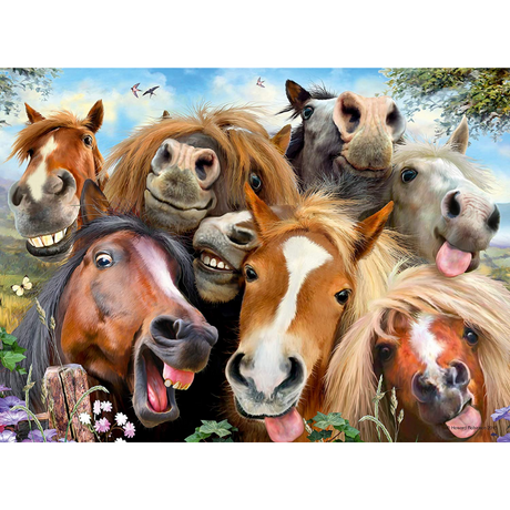 Ravensburger adult puzzle titled "Selfies: Horsing Around" showing a colorful image of people taking selfies with horses.