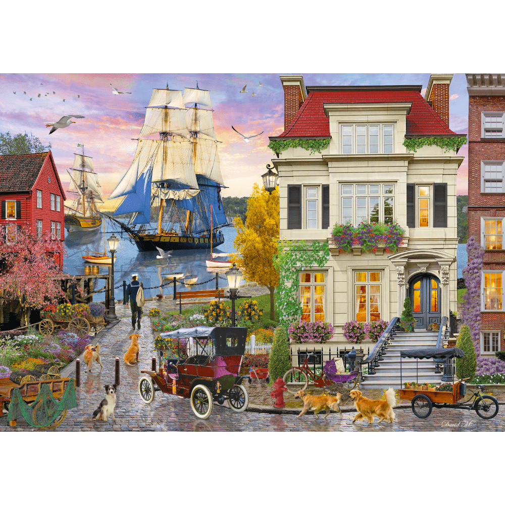 Adult puzzle by Schmidt featuring a detailed ship in the harbor scene, with vibrant colors and intricate maritime details.