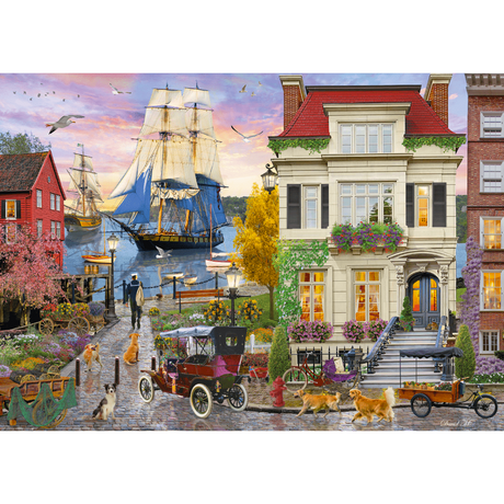 Adult puzzle by Schmidt featuring a detailed ship in the harbor scene, with vibrant colors and intricate maritime details.