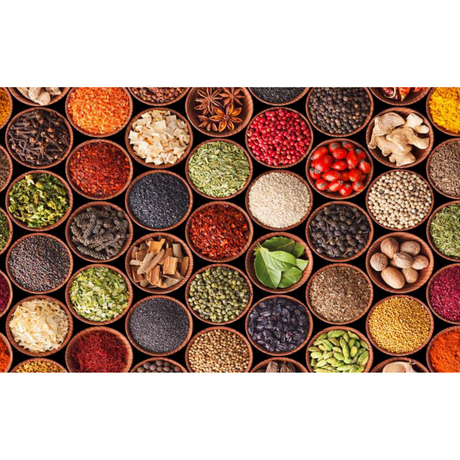 Adult puzzle featuring colorful spices and herbs, designed by Piatnik, showcasing various dried spices and fresh herbs on the box.