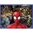 Colorful Ravensburger children's Spider-Man puzzle showing Spider-Man swinging through a cityscape with vibrant comic-style artwork.