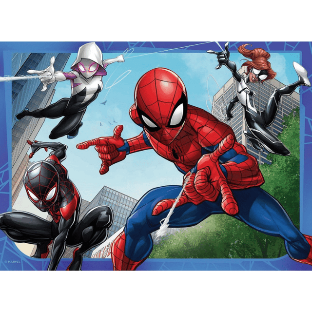 Children's Spider-Man puzzle by Ravensburger featuring four Spider-Man images in a box, colorful and engaging for kids.