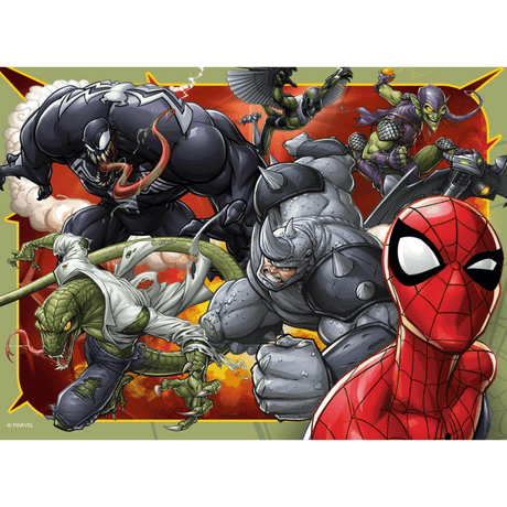 Children's Spider-Man puzzle by Ravensburger featuring four colorful images of Spider-Man for kids to assemble and enjoy.