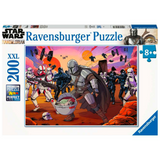Children's puzzle featuring Star Wars: The Mandalorian "Face Off" by Ravensburger, showing a colorful scene with Mandalorian characters.