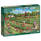 Falcon de luxe adult puzzle featuring a vibrant strawberry picking scene with ripe strawberries and lush greenery.