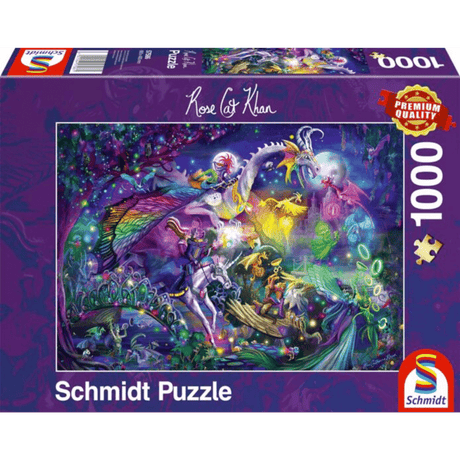 Adult puzzle titled "Summer Night Circus" by Schmidt featuring a vibrant circus scene with colorful tents and performers.