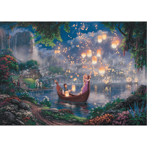 Adult puzzle featuring Thomas Kinkade's Tangled artwork by Schmidt, showcasing vibrant, detailed puzzle pieces with colorful scene.