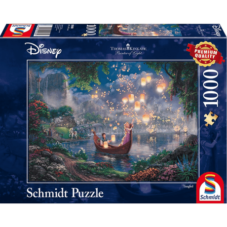 Thomas Kinkade Tangled adult puzzle by Schmidt featuring a colorful, detailed illustration of a whimsical scene.
