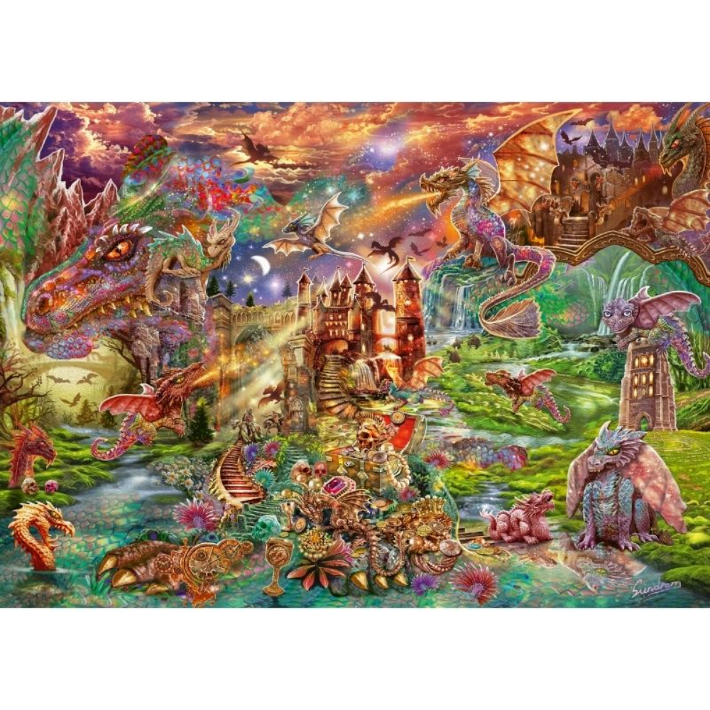 Adult puzzle titled The Dragon’s Treasure by Schmidt, featuring a detailed fantasy dragon and treasure scene.