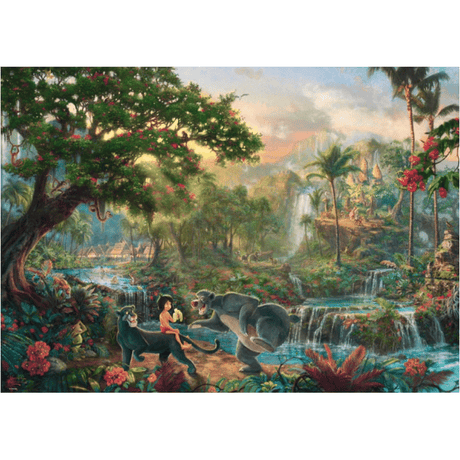Adult puzzle featuring Thomas Kinkade's The Jungle Book artwork by Schmidt, depicting vibrant jungle scene with detailed imagery.