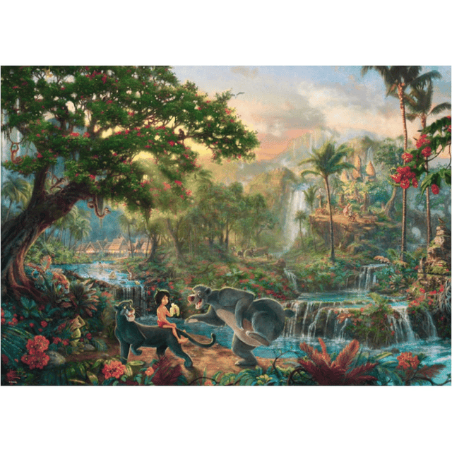 Adult puzzle featuring Thomas Kinkade's The Jungle Book artwork by Schmidt, depicting vibrant jungle scene with detailed imagery.