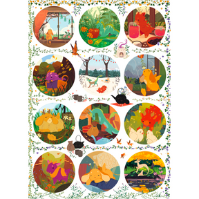 Adult jigsaw puzzle featuring The Tea Dragon Society with colorful circle designs, by Renegade Game Studios.