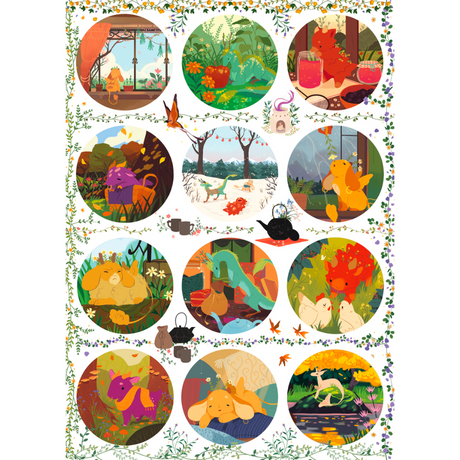 Adult jigsaw puzzle featuring The Tea Dragon Society with colorful circle designs, by Renegade Game Studios.